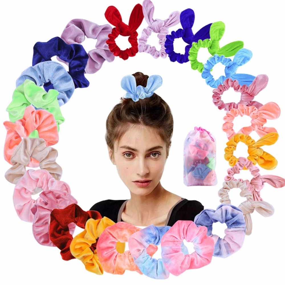 24 pieces of velvet hair ties Hommie 3 styles elastic rubber bands rabbit  ear headbands bow scrunchies with unicorn pocket | Ponytail hair band hair  jewelry for girls women | Hommie