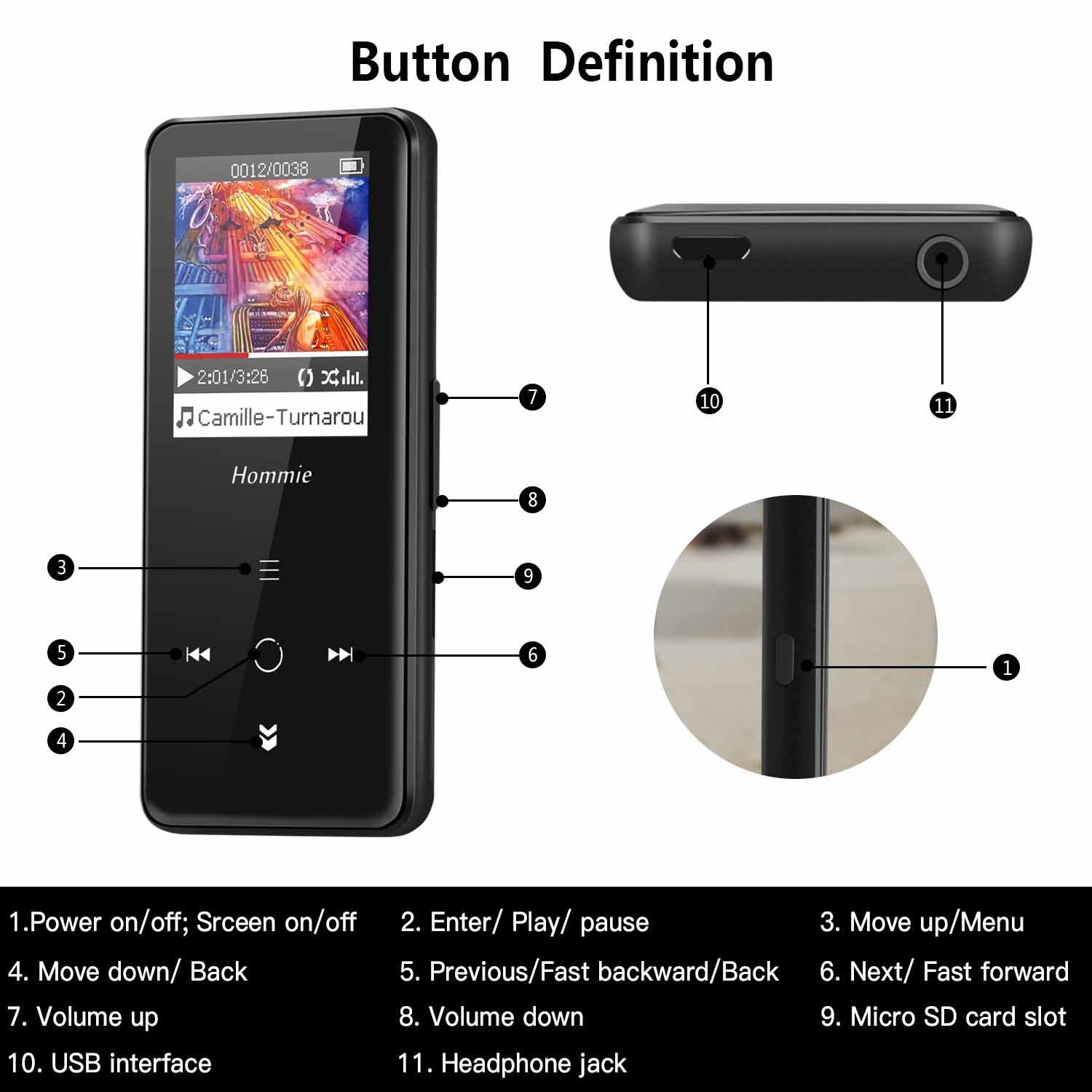 Bluetooth MP3 Player with Touch Screen, 1.8 Inch HD Color Screen, FM