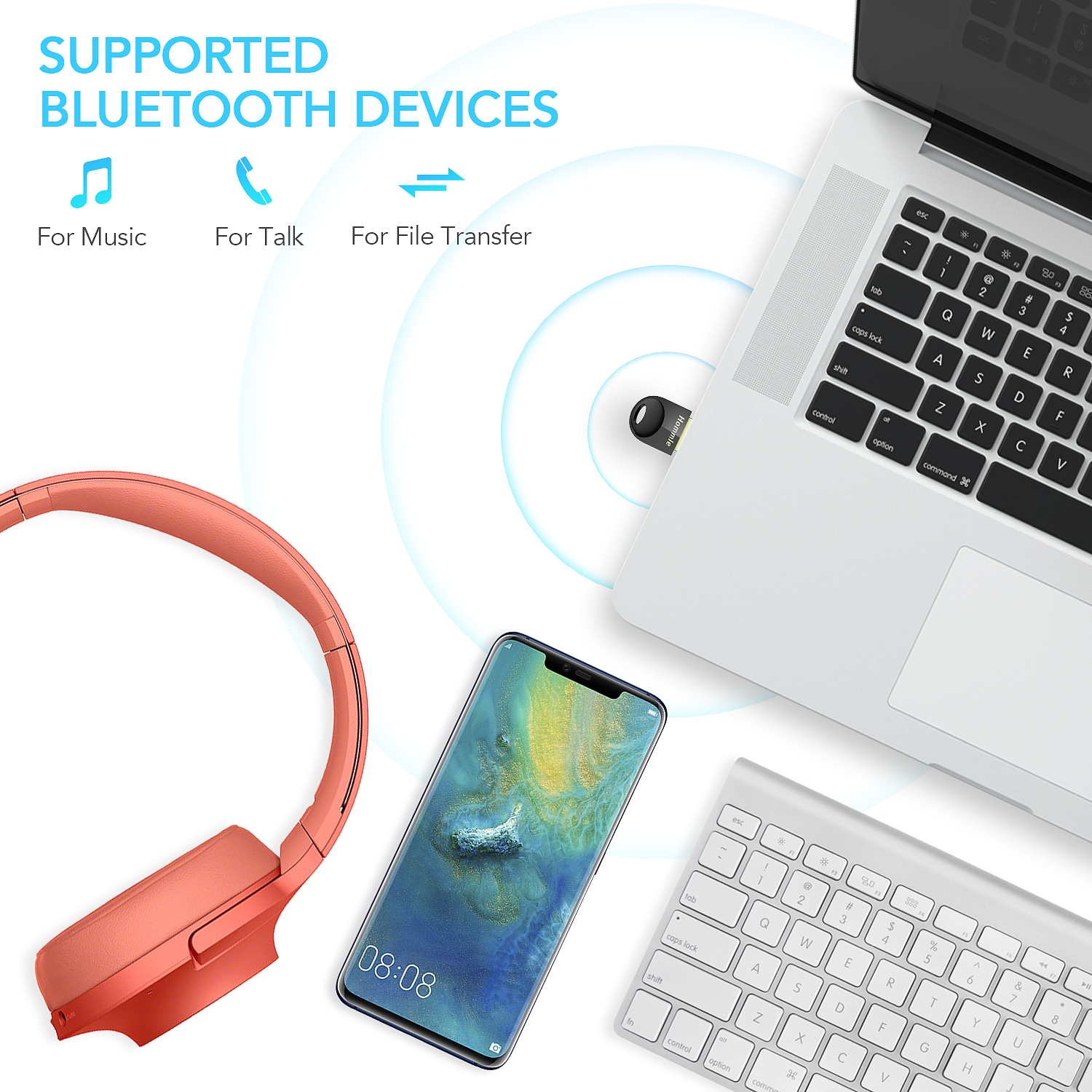 Hommie Bluetooth USB Dongle Adapter for PC, Plug and Play Bluetooth