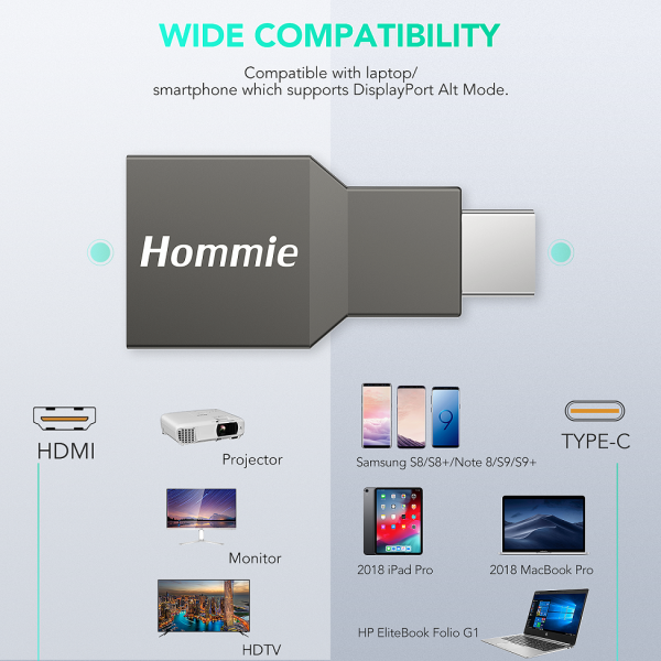 Huawei Mate 10/P20 HP Spectre and Autres Appareils USB C Adaptateur USB C vers HDMI 4K pour Samsung S8/S9/Note8/ChromeBook Plus MacBook/Macbook Pro Hommie USB C vers HDMI 