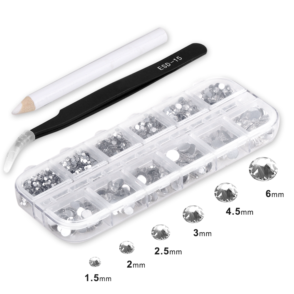 Hommie 2016 pieces clear rhinestones with 6 sizes (1.5-6mm), flat back  gems, round crystal with tweezers and rhinestone picking pen, gemstones for  crafts, nail, face, shoes, DIY etc.