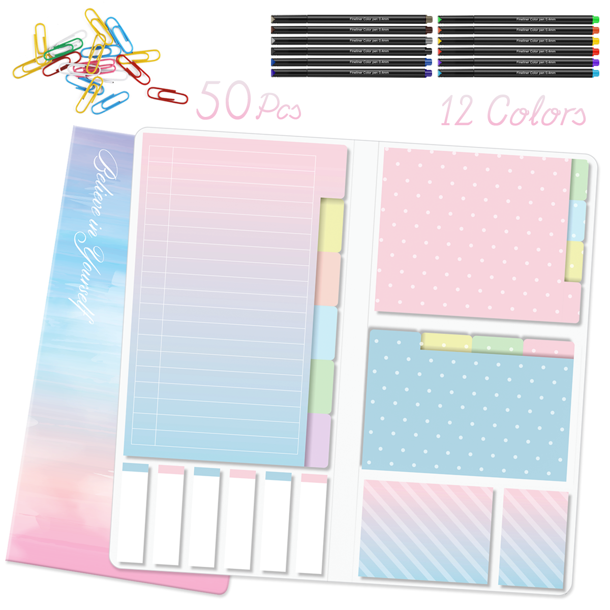 Divider Sticky Notes Set with 12 Colors Journal Planner Pens 2 Highlighters